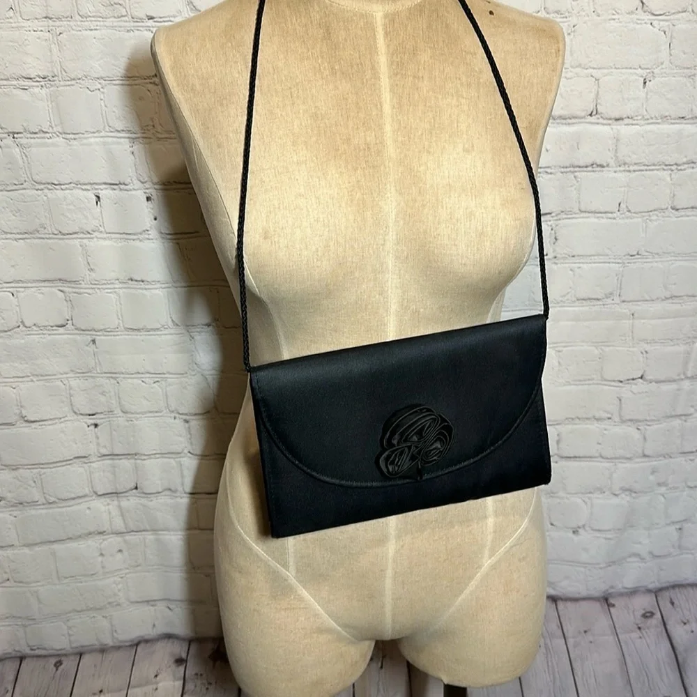Vintage Black silk‎ evening bag with long strap